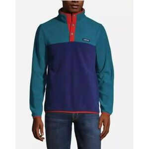Lands End Heritage Fleece Blue Orange Color Block Pullover Snap Large